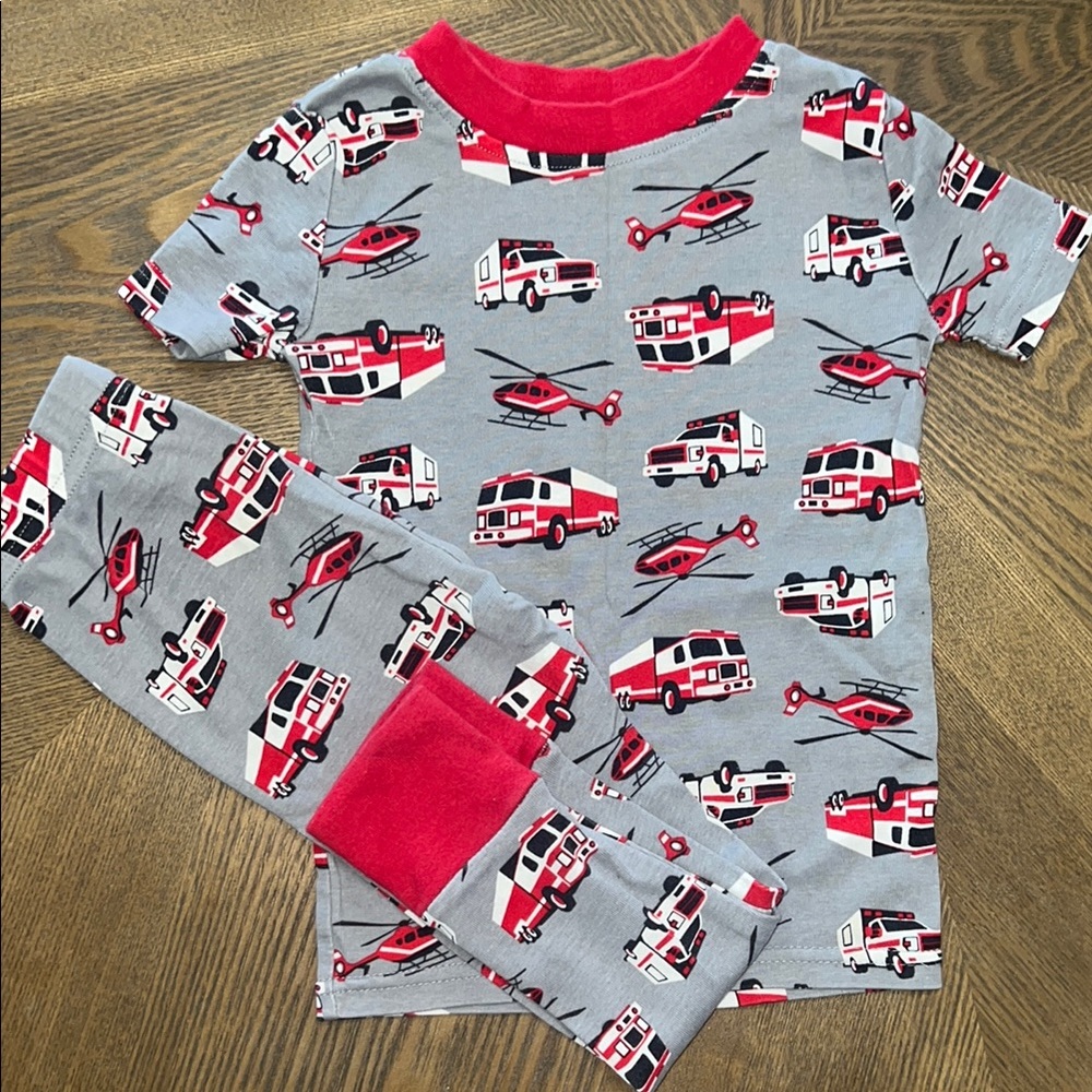 Kids Pajamas with Fire Truck Print - Gray and Red